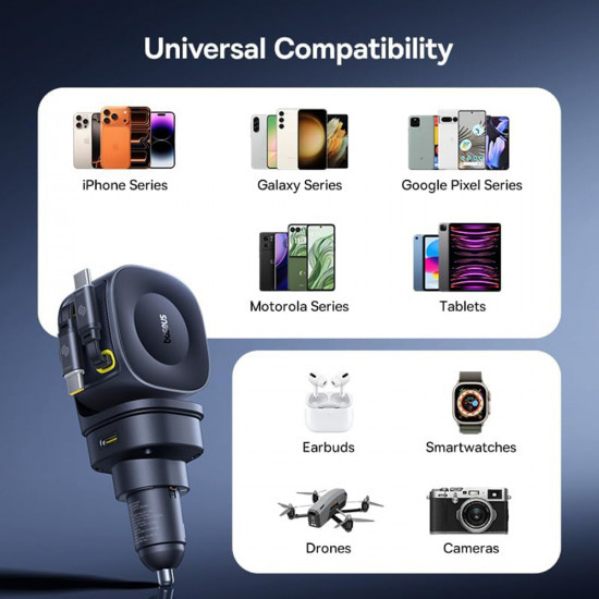 Baseus Car Charger PrimeTrip VR2 Max (C0206500) Fast Charging, with Retractable Cable, USB, 3x USB C, 163W Cosmic Black