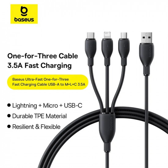 Baseus Data Cable Ultra Fast (P10376303121 01) Fast Charge, USB to Micro USB, Lightning, USB C, 3.5A, 0.8m Cosmic Black