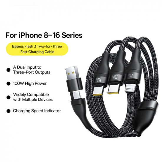 Baseus Data Cable Flash Series 3 (P10377501111 00) Fast Charge, USB, USB C to Lightning, 2x USB C, 100W, 1.5m Black