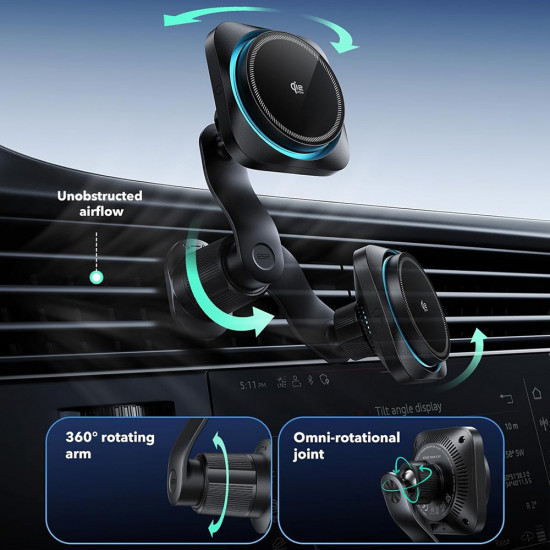 ESR Car Holder Qi2 MagSafe with Car Charger Type C Cable Included, CryoBoost, 25W, for Air Vent Black