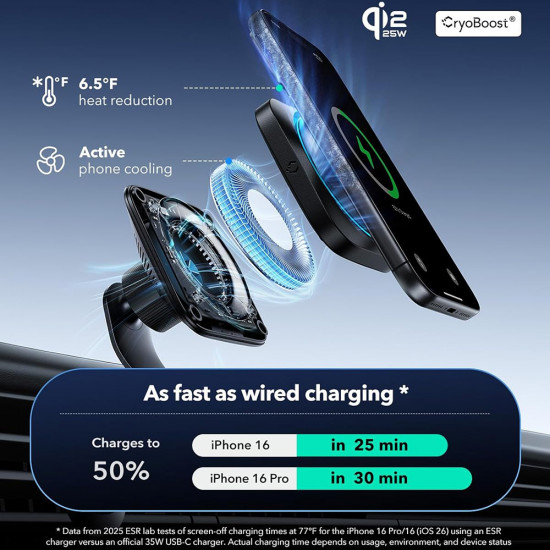 ESR Car Holder Qi2 MagSafe with Car Charger Type C Cable Included, CryoBoost, 25W, for Air Vent Black