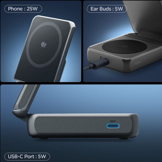 Spigen Wireless Charging Station Essential (EF302MOQ) MagSafe, Fast Charge, Qi2.2, Type C, 3in1, Foldable, 25W Grey