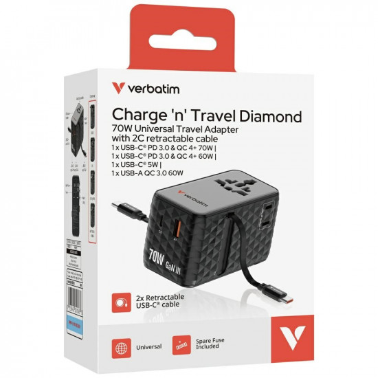 Verbatim Travel Adapter EU/UK/US GaN 1xUSB-C/1xUSB-A/2xUSB-C PD 70W black 30186