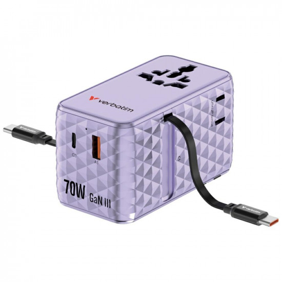 Verbatim Travel Adapter EU/UK/US GaN 1xUSB-C/1xUSB-A/2xUSB-C PD 70W purple 30188