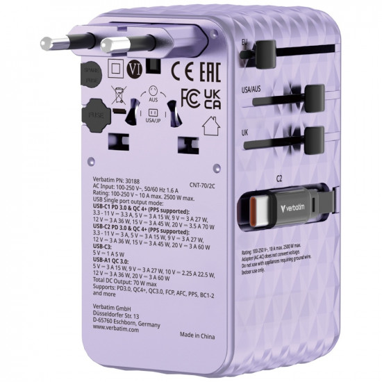 Verbatim Travel Adapter EU/UK/US GaN 1xUSB-C/1xUSB-A/2xUSB-C PD 70W purple 30188