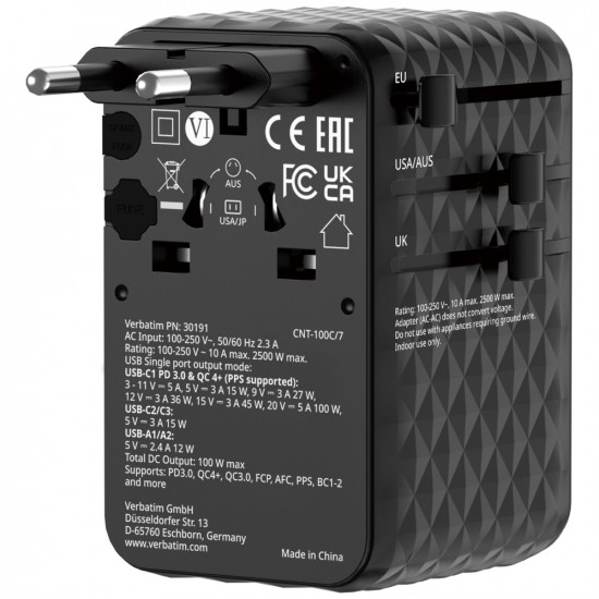 Verbatim Travel Adapter EU/UK/US GaN 2xUSB-C/2xUSB-A/1xUSB-C PD 100W black 30191