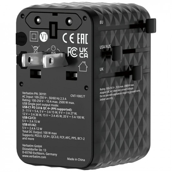 Verbatim Travel Adapter EU/UK/US GaN 2xUSB-C/2xUSB-A/1xUSB-C PD 100W black 30191