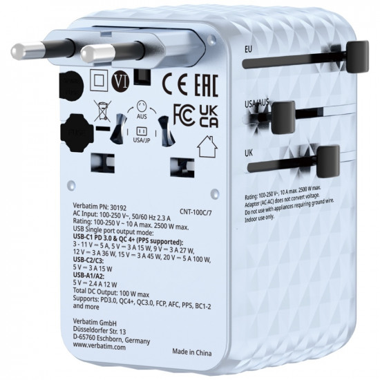 Verbatim Travel Adapter EU/UK/US GaN 2xUSB-C/2xUSB-A/1xUSB-C PD 100W blue 30192