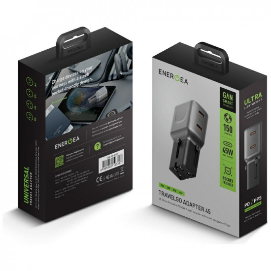 Wall charger Energea TravelGo Adapter 45 2xUSB-C 45W graphite-black