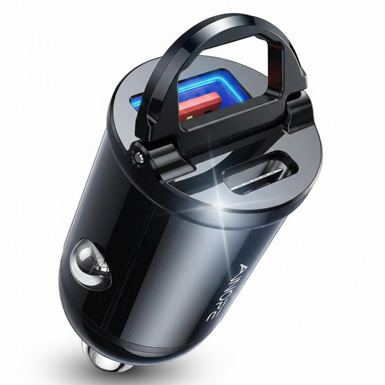Ainope Car Charger (YA0222080015) USB, Type C, PD30W, with Pull Ring, Aluminum Alloy, 12V/24V Black