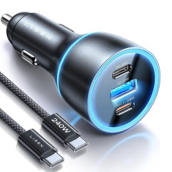 Lisen Car Charger (YL0225060006) with Type C Cable, USB, 2x Type C, 170W, GaN, Fast Charge, 12V/24V, 2m Black
