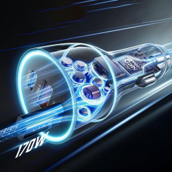 Lisen Car Charger (YL0225060006) with Type C Cable, USB, 2x Type C, 170W, GaN, Fast Charge, 12V/24V, 2m Black