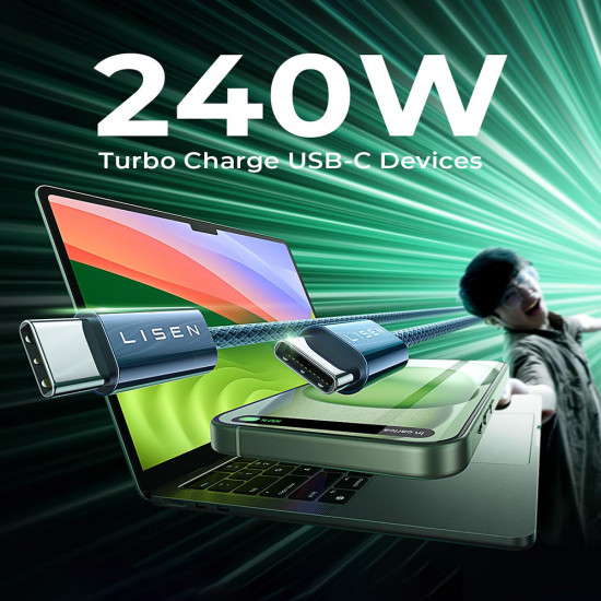 Lisen Data Cable (YL0123070023) (2 pack) Type C to Type C, 240W, Nylon Braided, 2m Navy Blue