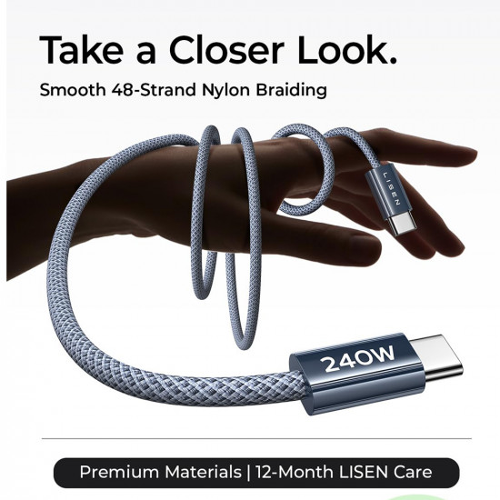 Lisen Data Cable (YL0123070023) (2 pack) Type C to Type C, 240W, Nylon Braided, 2m Navy Blue