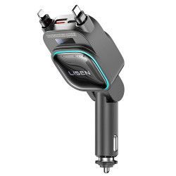 Lisen Car Charger (YL0224080017) 4in1, USB, Type C, with 2x Retractable Cable, LED Display, 96W, 12V=24V Black