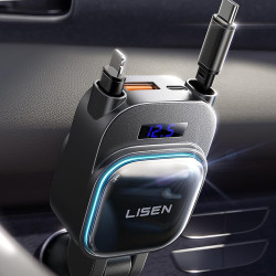 Lisen Car Charger (YL0224080017) 4in1, USB, Type C, with 2x Retractable Cable, LED Display, 96W, 12V=24V Black Lisen Car Charger (YL0224080017) 4in1, USB, Type C, with 2x Retractable Cable, LED Display, 96W, 12V=24V Black