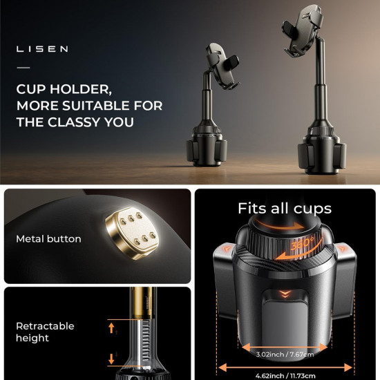Lisen Car Holder (YL0220100001) for Cup Holder, Universal, Multi Angle Adjustment, Secure Fit, Anti Shake Black Lisen Car Holder (YL0220100001) for Cup Holder, Universal, Multi Angle Adjustment, Secure Fit, Anti Shake Black