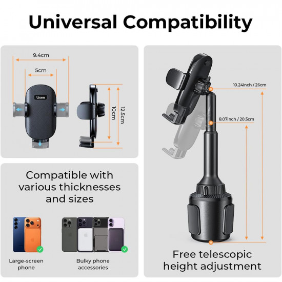 Lisen Car Holder (YL0220100001) for Cup Holder, Universal, Multi Angle Adjustment, Secure Fit, Anti Shake Black Lisen Car Holder (YL0220100001) for Cup Holder, Universal, Multi Angle Adjustment, Secure Fit, Anti Shake Black