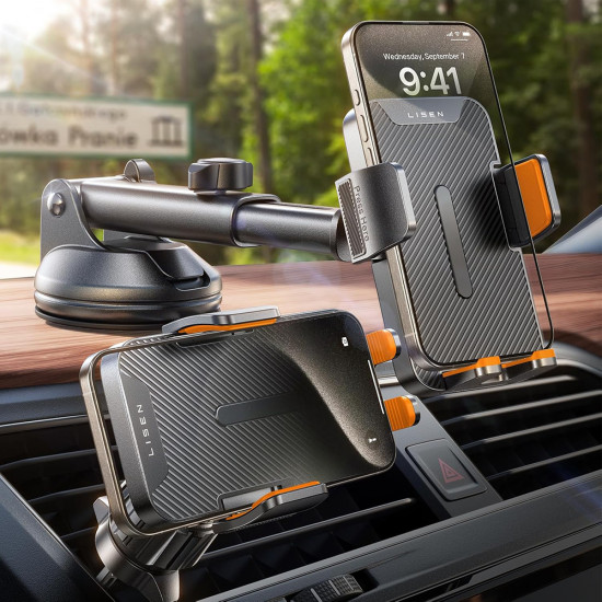 Lisen Car Holder 2E781 (YL0424040008) for Dashboard, Air Vent, Windshield, Universal, Adjustable, Telescopic Arm Black
