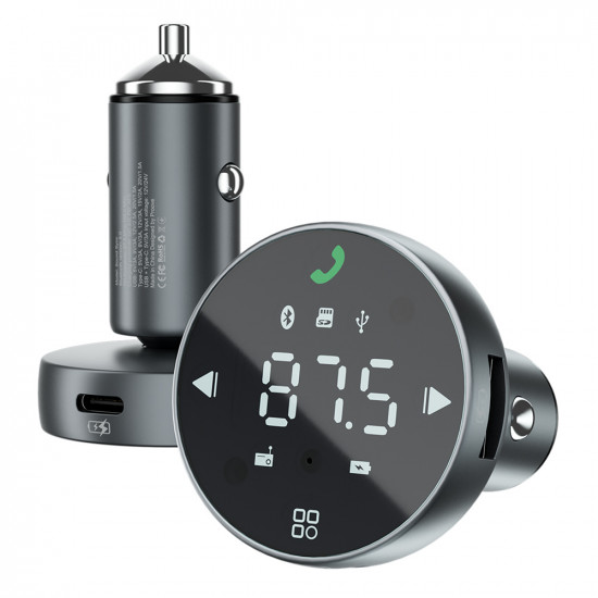 Proove Car Charger with FM Modulator (FMSS30110003) with Touch Screen, USB, Type C, U Disk, TF, Bluetooth 5.0, 30W Grey
