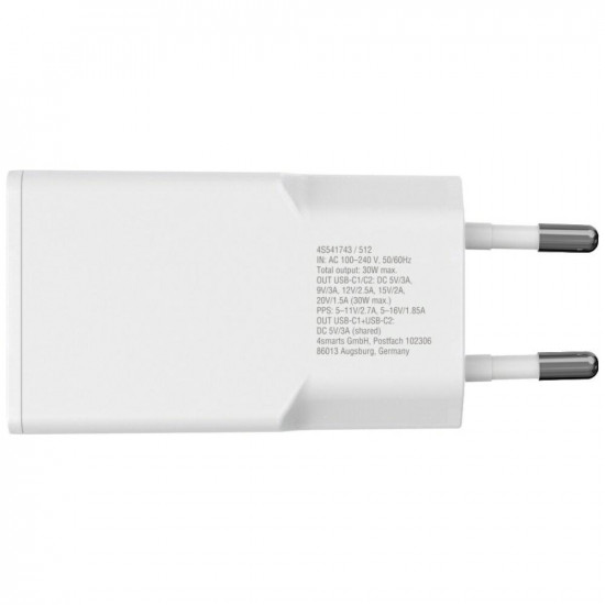Wall charger 4smarts FlatPlug Slim Dual 30W GaN 2xUSB-C white Wall charger 4smarts FlatPlug Slim Dual 30W GaN 2xUSB-C white