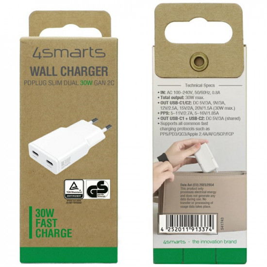 Wall charger 4smarts FlatPlug Slim Dual 30W GaN 2xUSB-C white Wall charger 4smarts FlatPlug Slim Dual 30W GaN 2xUSB-C white