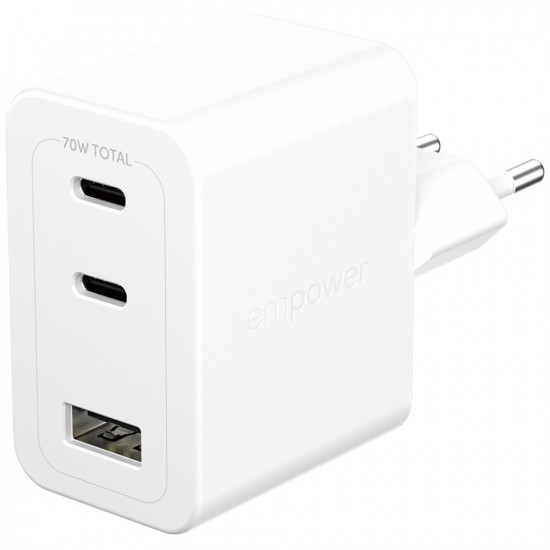 Empower by PanzerGlass Turbo 70W Wall Charger 2x USB-C USB-A Silver-White Empower by PanzerGlass Turbo 70W Wall Charger 2x USB-C USB-A Silver-White