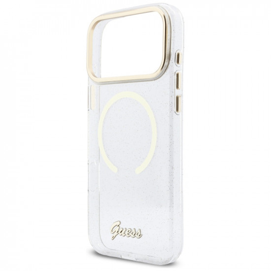 Guess IML Glitters Script Strap MagSafe Case for iPhone 17 Pro Max Clear