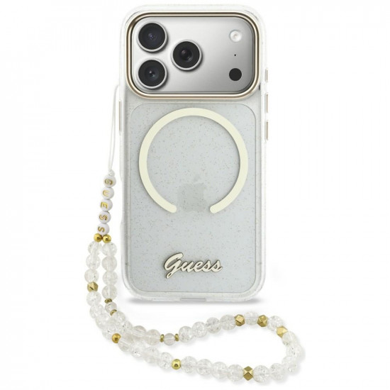 Guess IML Glitters Script Strap MagSafe Case for iPhone 17 Pro Clear