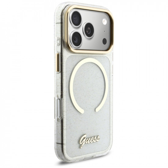 Guess IML Glitters Script Strap MagSafe Case for iPhone 17 Pro Clear