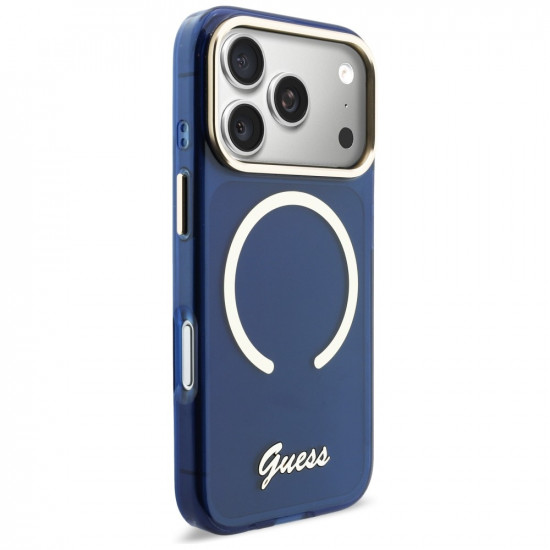 Guess IML Script Metal MagSafe Case for iPhone 17 Pro Max Blue