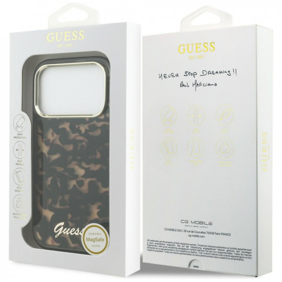 Guess IML Script Metal MagSafe case for iPhone 17 Pro Max tortoise