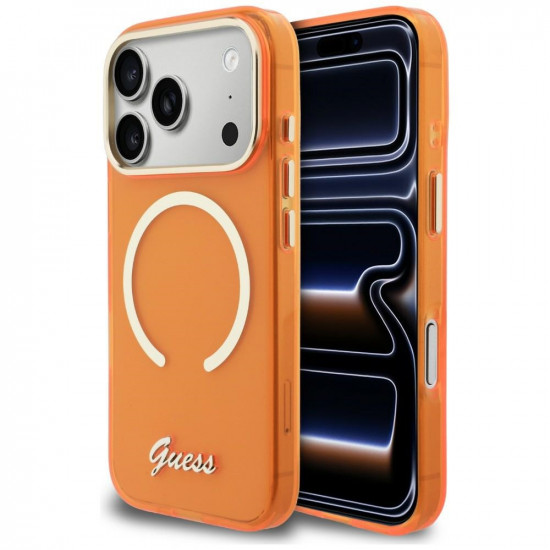 Guess IML Script Metal MagSafe Case for iPhone 17 Pro Orange