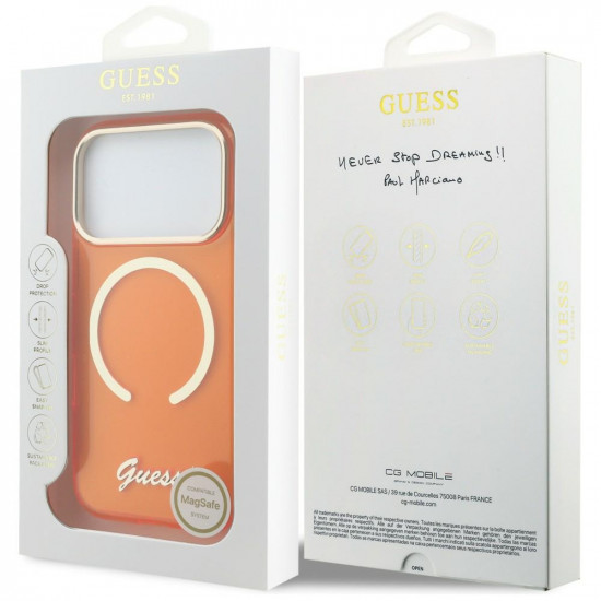 Guess IML Script Metal MagSafe Case for iPhone 17 Pro Orange