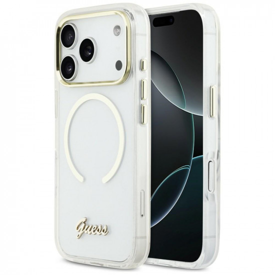 Guess IML Script Metal MagSafe Case for iPhone 17 Pro Clear