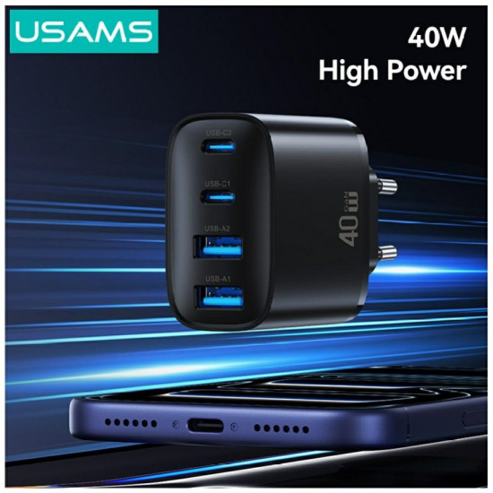 Wall charger USAMS T70 40W 2xUSB-A/2xUSB-C black Wall charger USAMS T70 40W 2xUSB-A/2xUSB-C black
