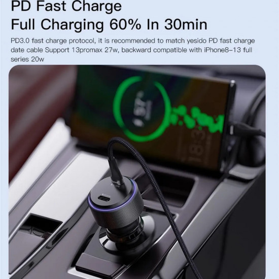 Yesido  Car Charger (Y48)  2x Type C, Fast Charging, 60W  Black
