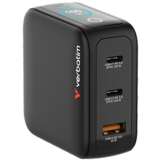 Verbatim Mini GaN mains charger 100W 2xUSB-C PD/1x USB-A QC EU/UK/USA adapter black 30239