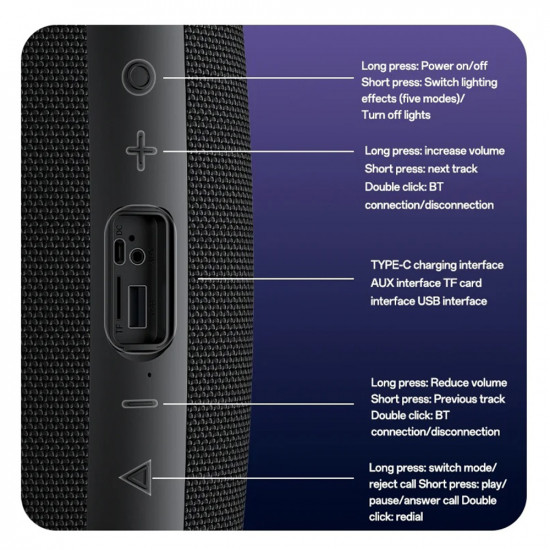 Yesido Wireless Speaker (YSW38) Bluetooth 5.3, RGB Lighting, TWS, TF Card, USB, AUX, 2000mAh, 30W Black