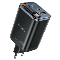 Yesido Wall Charger (YC100) USB, Type C, GaN, Fast Charging, Digital Display, 67W, Retractable Type C Cable, 65cm Black