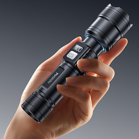 Yesido Flashlight (TC11) Telescopic Zoom, White Laser LED, 3x Modes, Rechargeable, Digital Display, 3W, 1200mAh Black