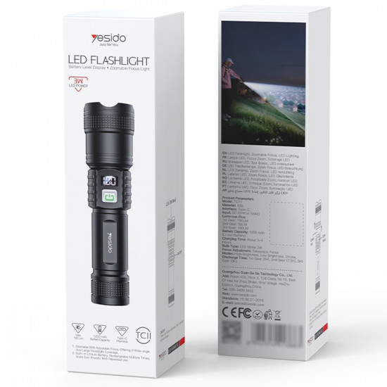 Yesido Flashlight (TC11) Telescopic Zoom, White Laser LED, 3x Modes, Rechargeable, Digital Display, 3W, 1200mAh Black