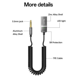 Yesido Audio Cable (YAU82) Bluetooth Car Player, USB to Jack 3.5mm, Coil Design, Nylon Braided, 1.4m Black