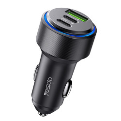 Yesido Car Charger (Y50) 2x Type C, USB, Fast Charging, 60W, LED Lamp Ring, Intelligent Temperature Control Chip Black