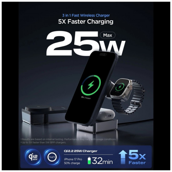Spigen Essential EF323MQ 3-in-1 25W Qi2.2 MagSafe Wireless Charger Black