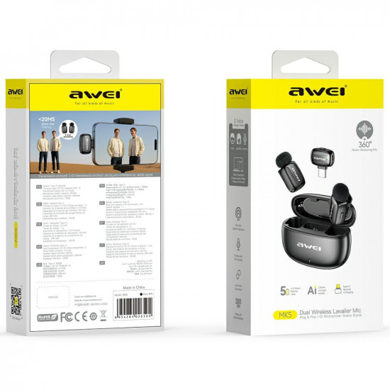 AWEI MK5 Duo Ai-Voice Wireless Tie Microphone Black