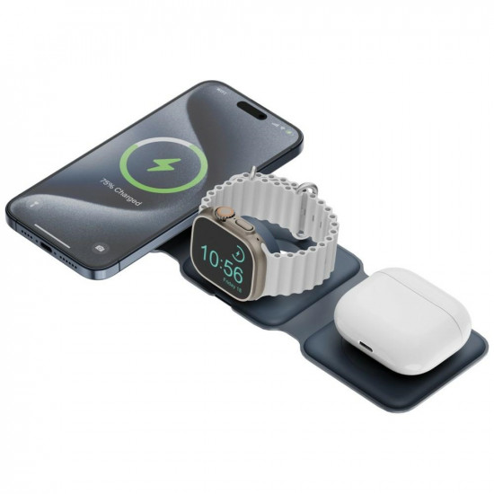 ENERGEA Bazic GoMag Trio Plus Compact Foldable 3-in-1 Wireless Charger 15W Fast Charging Navy Blue