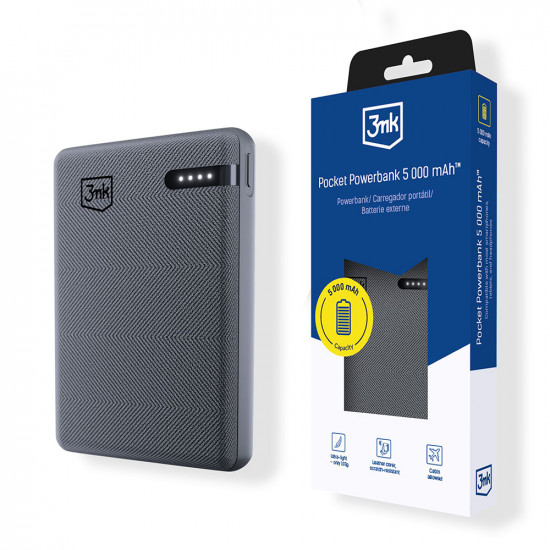 3mk Pocket Power Bank Type C, 5000mAh, 2.4A MAX, 12W, ABS, Eco leather Black