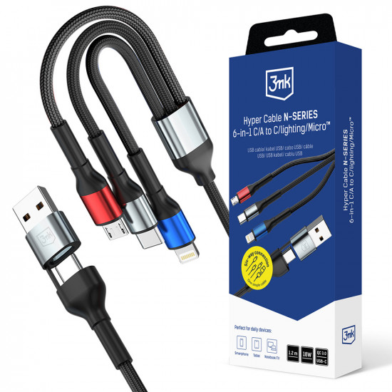 3mk Data Cable Hyper N Series 6in1 USB C/USB Male, USB C Female to USB C, Lightning, Micro, 18W, 9V/2A, 1.2m Black