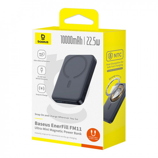 Baseus Magnetic Power Bank EnerFill FM11 (P1008210E123 00) USB C Cable, Ultra Mini, Type C 22.5W, 10000mAh Black